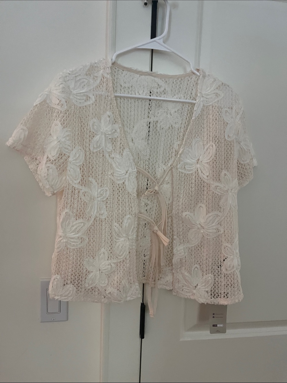 Women's Cream Crochet Floral Tie-Front Top